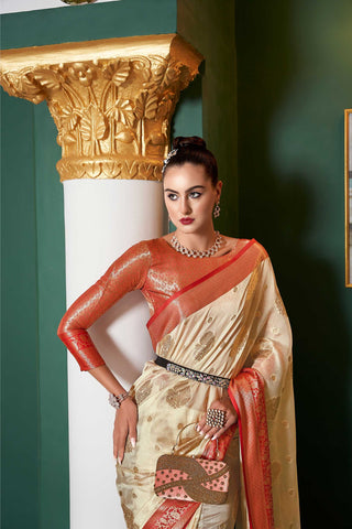 CREAM LINEN FLORAL AND BOTANICAL GOLDEN ZARI BUTTA WITH ETHNIC MOTIF PALLU AND TASSEL IN BORDER SAREE