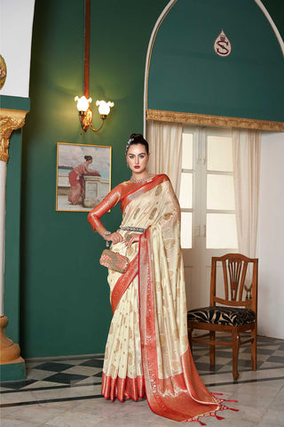 CREAM LINEN FLORAL AND BOTANICAL GOLDEN ZARI BUTTA WITH ETHNIC MOTIF PALLU AND TASSEL IN BORDER SAREE