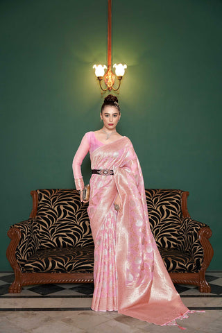 PINK FLORAL LEHERIYA DESIGN SAREE WITH ETHNIC MOTIF GOLDEN ZARI PALLU AND TASSEL IN BORDER