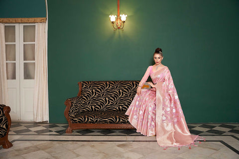 PINK FLORAL LEHERIYA DESIGN SAREE WITH ETHNIC MOTIF GOLDEN ZARI PALLU AND TASSEL IN BORDER