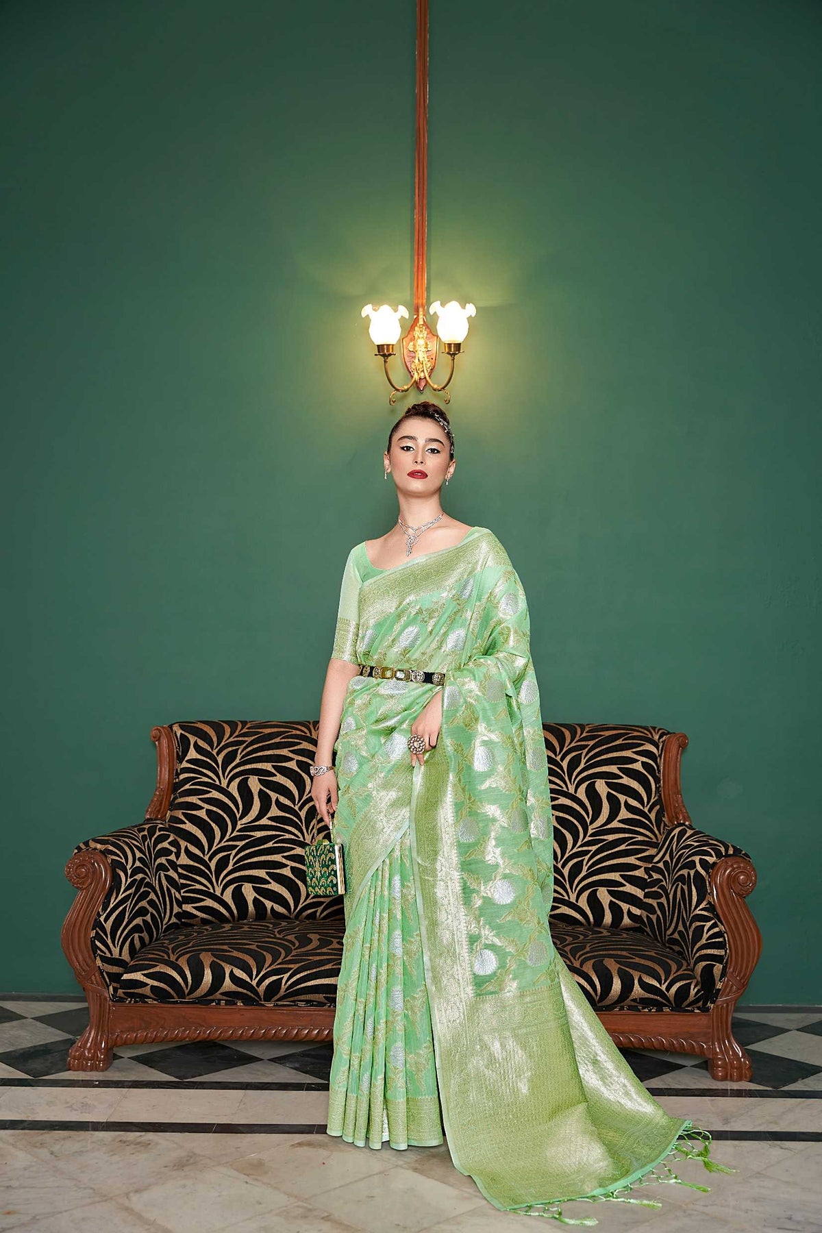 GREEN FLORAL LEHERIYA DESIGN SAREE WITH ETHNIC MOTIF GOLDEN ZARI PALLU AND TASSEL IN BORDER