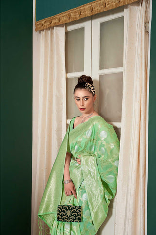 GREEN FLORAL LEHERIYA DESIGN SAREE WITH ETHNIC MOTIF GOLDEN ZARI PALLU AND TASSEL IN BORDER