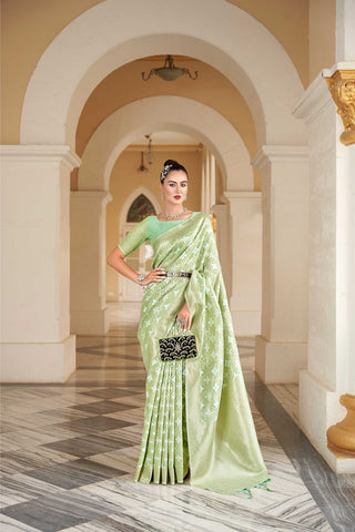 GREEN LINEN STRIPE CHECKERED DESIGN SAREE WITH ETHNIC MOTIF PALLU AND TASSEL IN BORDER