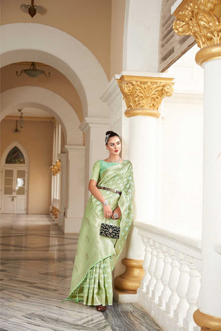 GREEN LINEN STRIPE CHECKERED DESIGN SAREE WITH ETHNIC MOTIF PALLU AND TASSEL IN BORDER