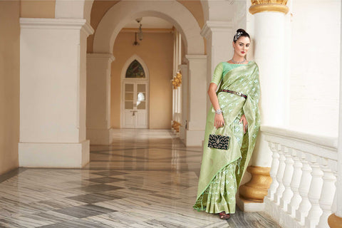 GREEN LINEN STRIPE CHECKERED DESIGN SAREE WITH ETHNIC MOTIF PALLU AND TASSEL IN BORDER