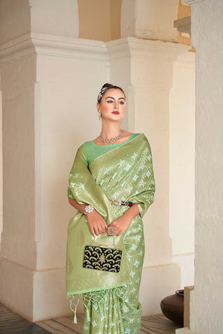 GREEN LINEN STRIPE CHECKERED DESIGN SAREE WITH ETHNIC MOTIF PALLU AND TASSEL IN BORDER