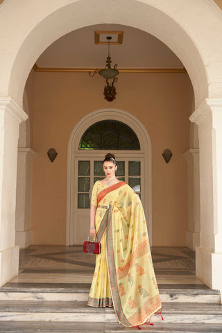 YELLOW LINEN PRINTED COLORFUL FLORAL BUTTA WITH FLORAL DESIGN PALLU SAREE WITH TASSEL IN BORDER