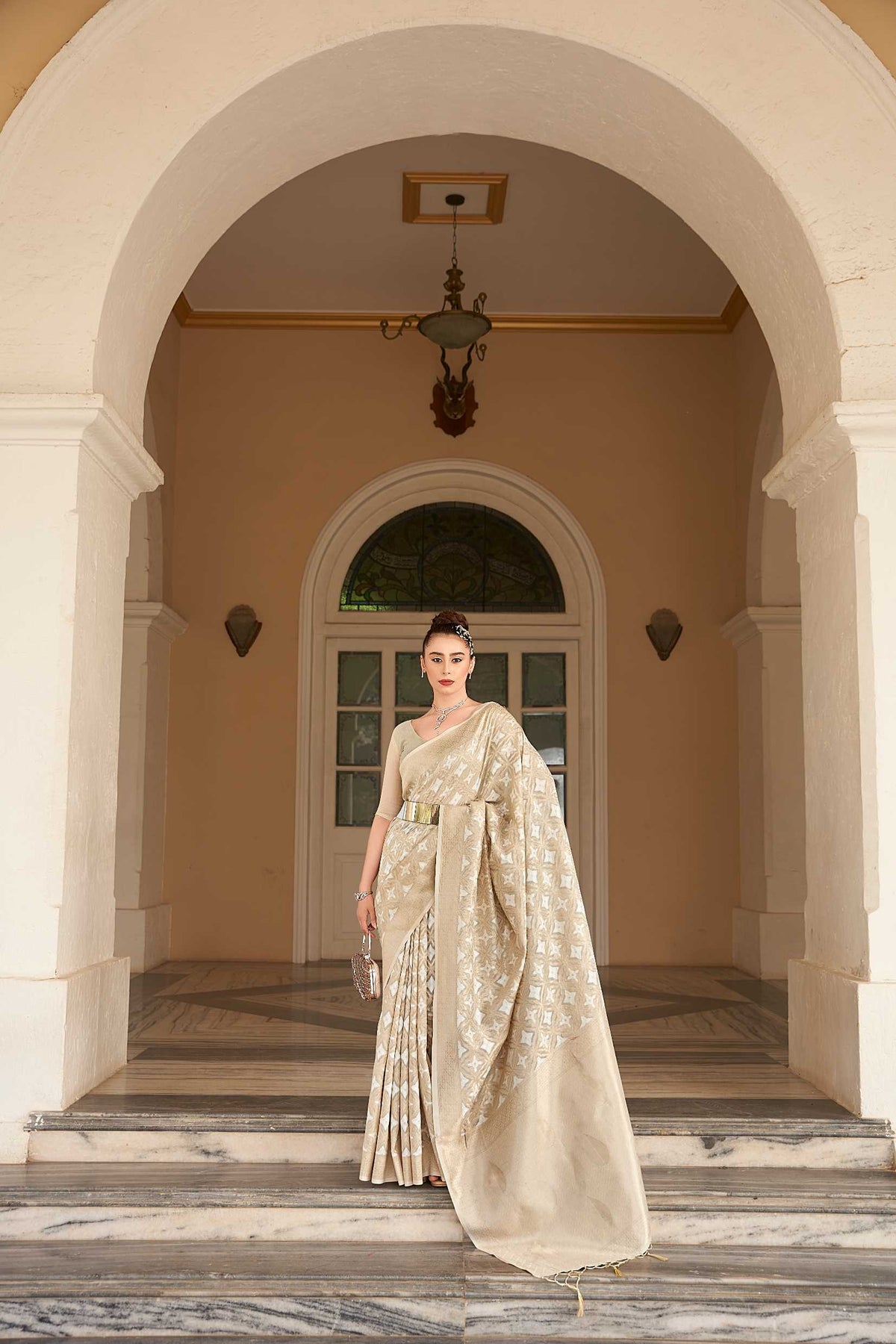 CREAM SILK LINEN CHECKERED IN BOTANICAL DESIGN BUTTA SAREE WITH ETHNIC MOTIF PALLU AND TASSEL IN BORDER