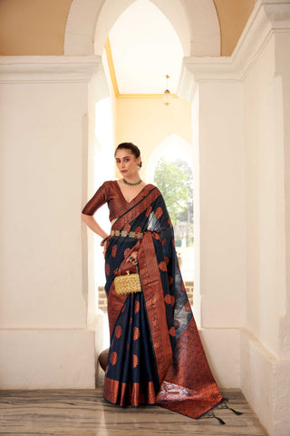 NAVY BLUE  LINEN FLORAL COPPER ZARI BUTTA SAREE WITH BOTANICAL WOVEN BUTTA PALLU AND TASSEL IN BORDER