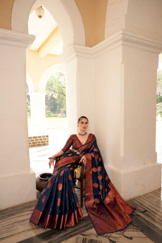 NAVY BLUE  LINEN FLORAL COPPER ZARI BUTTA SAREE WITH BOTANICAL WOVEN BUTTA PALLU AND TASSEL IN BORDER