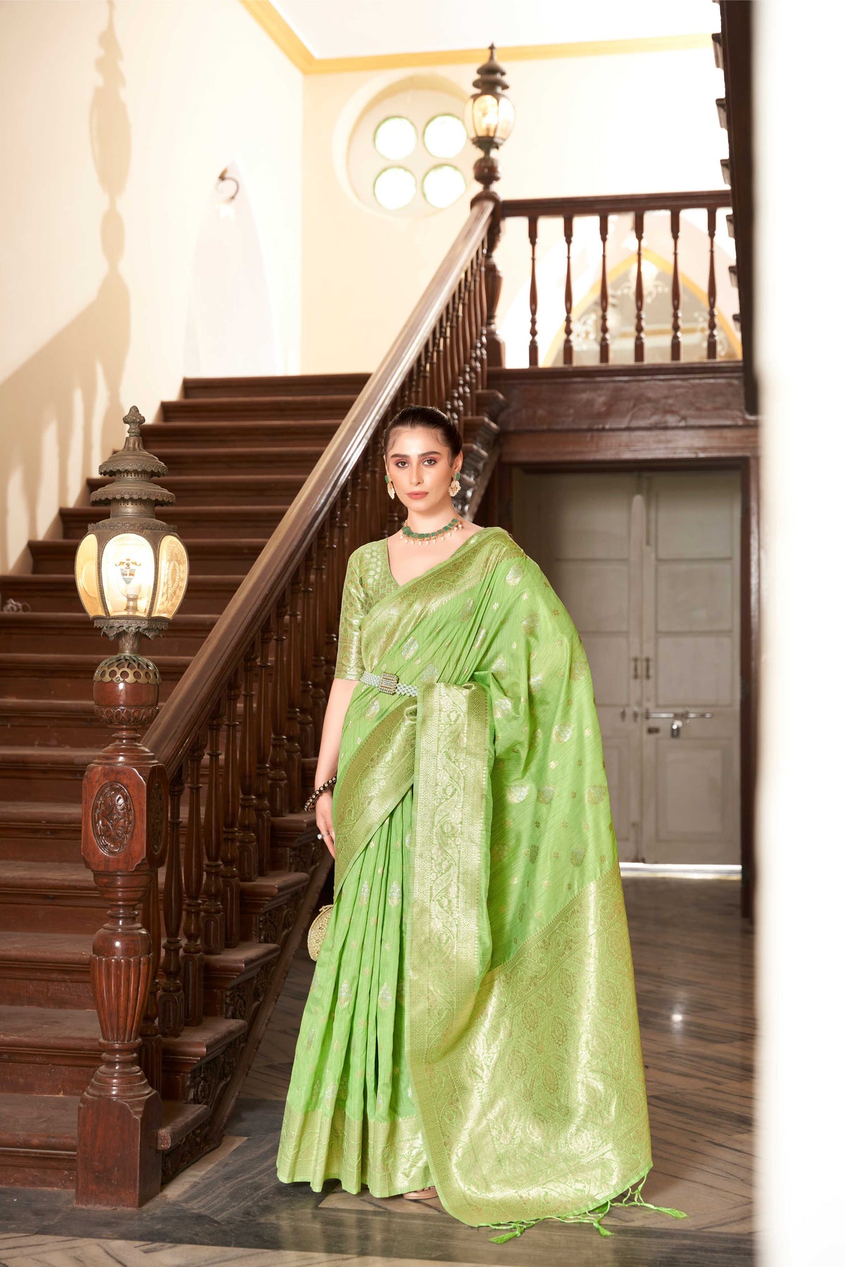 GREEN LINEN KHADI SAREE BOTANICAL FLORAL BUTTA AND ETHNIC MOTIF RICH PALLU WITH TASSEL IN BORDER