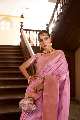 PINK LINEN KHADI SAREE BOTANICAL FLORAL BUTTA AND ETHNIC MOTIF HEAVY PALLU WITH TASSEL IN BORDER