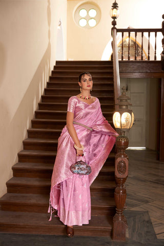 PINK LINEN KHADI SAREE BOTANICAL FLORAL BUTTA AND ETHNIC MOTIF HEAVY PALLU WITH TASSEL IN BORDER