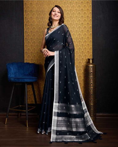 VAANYA DUSKY BLACK LINEN IKKAT BUTTI SAREE