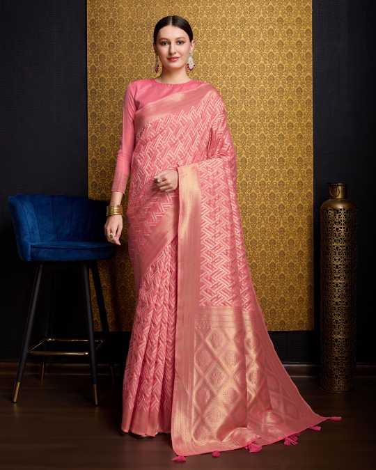 KAUSHIKA SALMON PINK LINEN IKKAT SILK SAREE