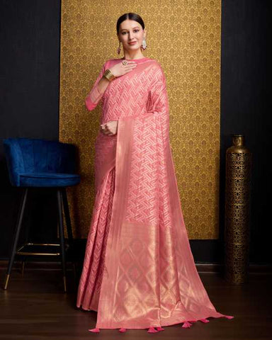 KAUSHIKA SALMON PINK LINEN IKKAT SILK SAREE