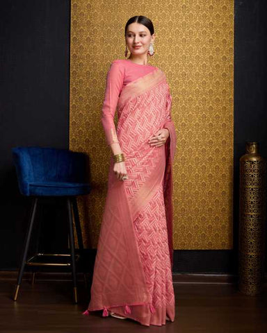 KAUSHIKA SALMON PINK LINEN IKKAT SILK SAREE