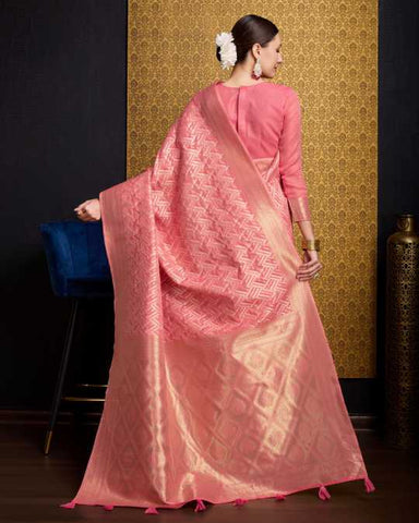 KAUSHIKA SALMON PINK LINEN IKKAT SILK SAREE