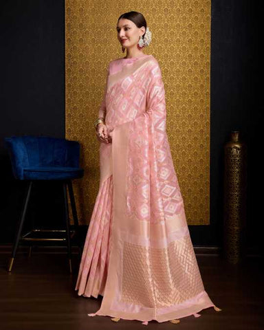 KAUSHIKA FLAMINGO PINK LINEN IKKAT SILK SAREE